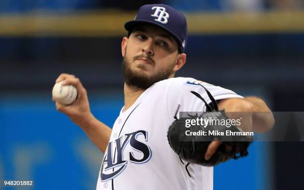 Jacob Faria of the Tampa Bay Rays pitches during a game against the Texas Rangers at Tropicana Field on April 18, 2018 in St Petersburg, Florida.