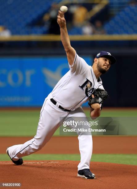 Jacob Faria of the Tampa Bay Rays pitches during a game against the Texas Rangers at Tropicana Field on April 18, 2018 in St Petersburg, Florida.