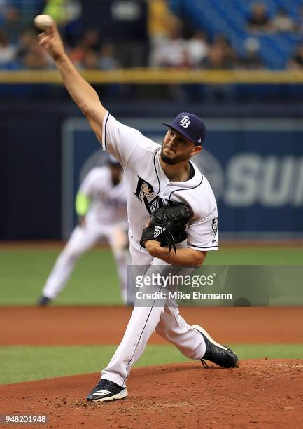 Jacob Faria of the Tampa Bay Rays pitches during a game against the Texas Rangers at Tropicana Field on April 18, 2018 in St Petersburg, Florida.