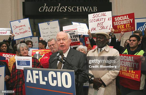 President John Sweeney speaks to a rally against President Bush's Social Security plan in front of the Charles Schwab K Street office in Washington,...