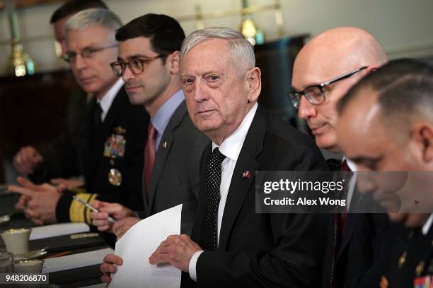 Defense Secretary James Mattis participates in a meeting with Qatar Minister of State for Defense Affairs Khalid Bin Mohammed Al-Attiyah at the...