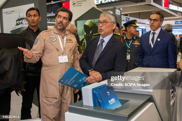 Regent of Pahang Tengku Abdullah Sultan Ahmad Shah seen visiting Al Fattan Ship Industry booth at DSA 2018. The 16th Defense Service Asia Exhibition...