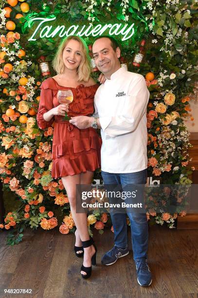 Tess Ward and Jose Pizarro attend the launch of new gin Tanqueray Flor de Sevilla in partnership with Jose Pizarro at Pizarro Restaurant on April 18,...