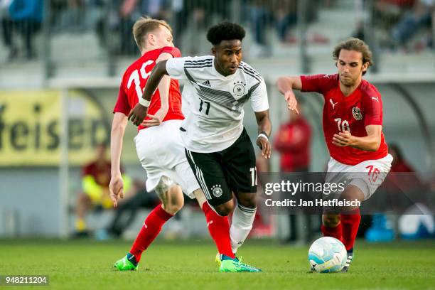 John Yeboah of Germany controls the ball during the International friendly match between U18 Austria and U18 Germany on April 18, 2018 in Wels,...