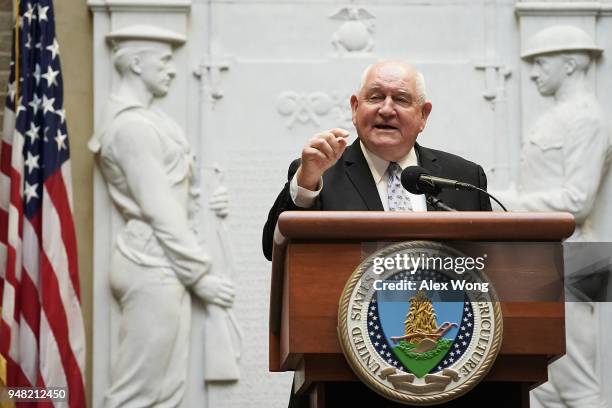 Secretary of Agriculture Sonny Perdue speaks during a forum April 18, 2018 in Washington, DC. Secretary Perdue and FCC Chairman Ajit Pai participated...