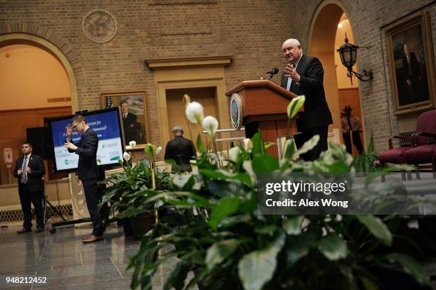 Secretary of Agriculture Sonny Perdue speaks during a forum April 18, 2018 in Washington, DC. Secretary Perdue and FCC Chairman Ajit Pai participated...