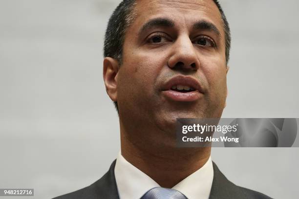 Federal Communications Commission Chairman Ajit Pai speaks during a forum April 18, 2018 in Washington, DC. FCC Chairman Pai and U.S. Secretary of...