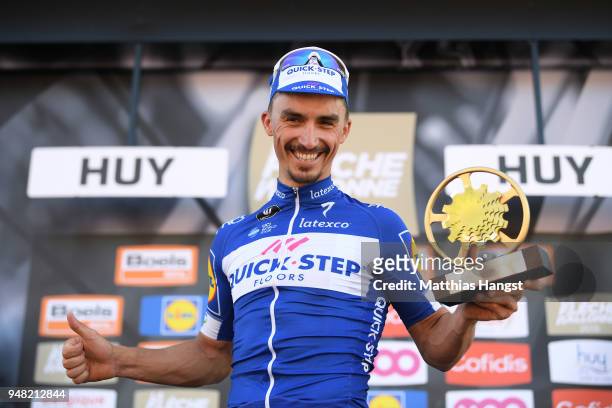 Podium / Julian Alaphilippe of France and Team Quick-Step Floors / Celebration / Trophy / during the 82nd La Fleche Wallonne 2018 a 198,5km race from...
