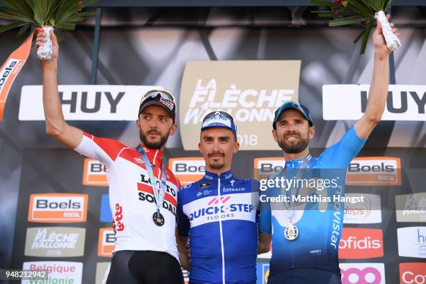 Podium / Jelle Vanendert of Belgium and Team Lotto Soudal / Julian Alaphilippe of France and Team Quick-Step Floors / Alejandro Valverde Belmonte of...