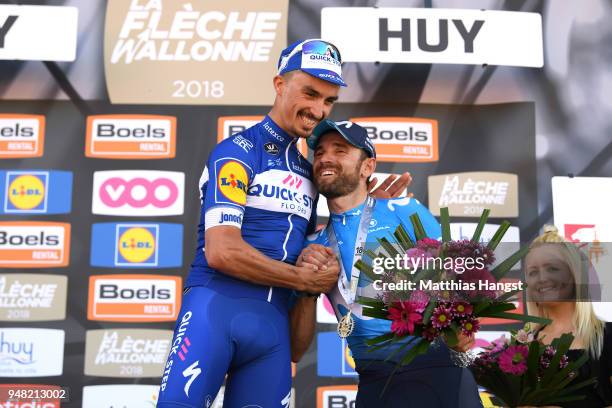 Podium / Julian Alaphilippe of France and Team Quick-Step Floors / Alejandro Valverde Belmonte of Spain and Movistar Team / Celebration / during the...