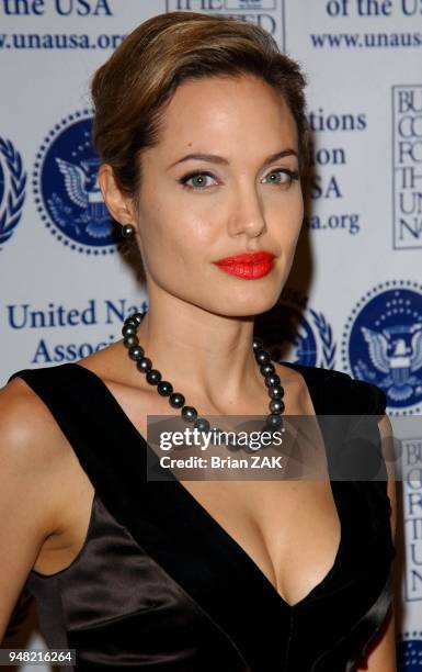 Angelina Jolie arrives at the Global Humanitarian Award at the United Nations Association of the United States of America annual gala dinner at the...