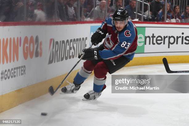 Matt Nieto of the Colorado Avalanche skates against the Nashville Predators in Game Three of the Western Conference First Round during the 2018 NHL...