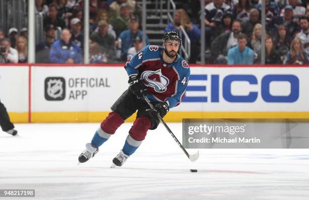 Mark Barberio of the Colorado Avalanche skates against the Nashville Predators in Game Three of the Western Conference First Round during the 2018...