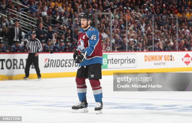 Gabriel Landeskog of the Colorado Avalanche skates against the Nashville Predators in Game Three of the Western Conference First Round during the...