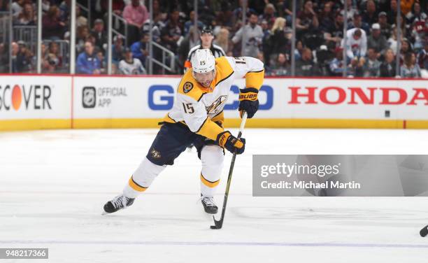 Craig Smith of the Nashville Predators skates against the Colorado Avalanche in Game Three of the Western Conference First Round during the 2018 NHL...