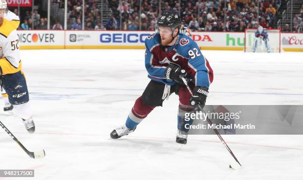 Gabriel Landeskog of the Colorado Avalanche skates against the Nashville Predators in Game Three of the Western Conference First Round during the...