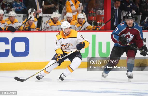Craig Smith of the Nashville Predators skates against the Colorado Avalanche in Game Three of the Western Conference First Round during the 2018 NHL...