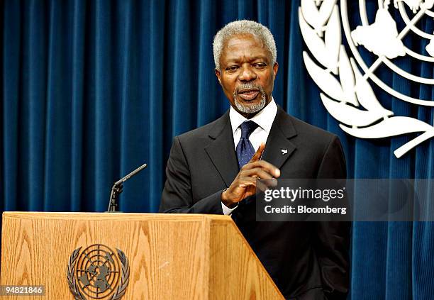 Secretary General of United Nations Kofi Annan addresses the media after speaking to the General Assembly about proposed changes to the UN on Monday...