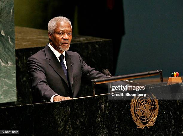 Secretary General of United Nations Kofi Annan addresses the General Assembly about proposed changes to the UN on Monday March 21, 2005 in New York....