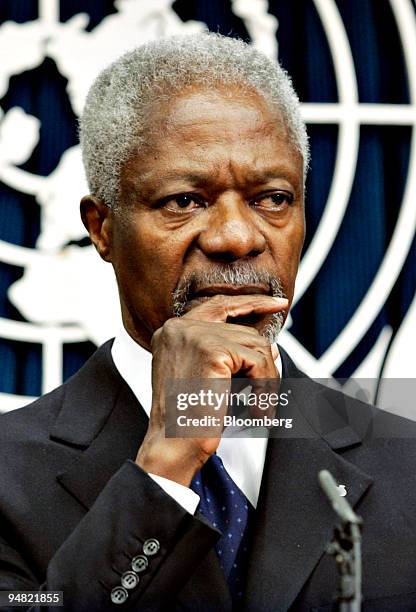 Secretary General of United Nations Kofi Annan addresses the media after speaking to the General Assembly about proposed changes to the UN on Monday...