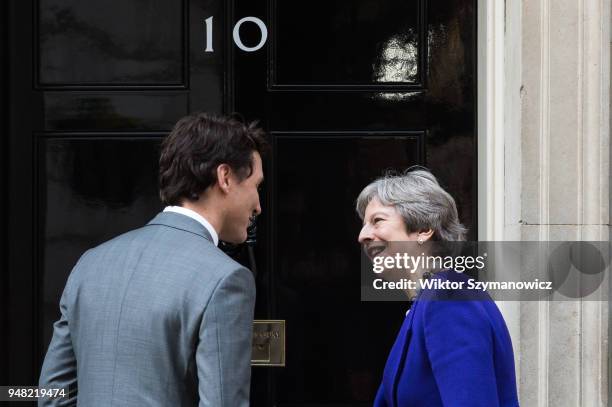 British Prime Minister Theresa May meets with Prime Minister of Canada Justin Trudeau at 10 Downing Street as the UK hosts the Commonwealth Heads of...