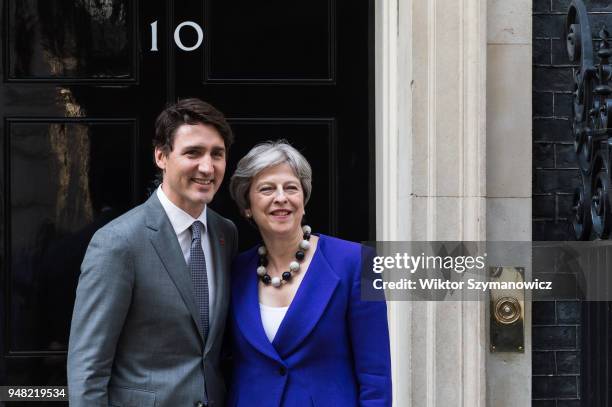 British Prime Minister Theresa May meets with Prime Minister of Canada Justin Trudeau at 10 Downing Street as the UK hosts the Commonwealth Heads of...