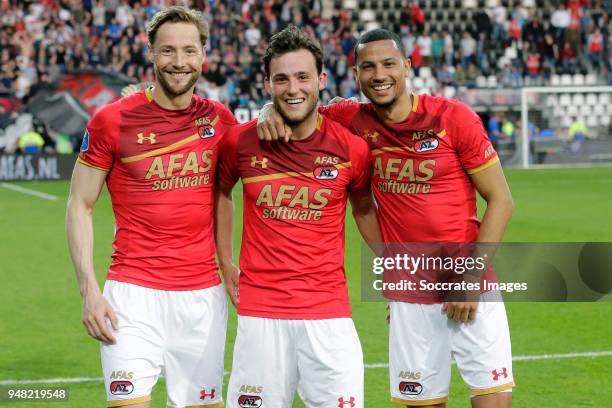 Rens van Eijden of AZ Alkmaar, Joris van Overeem of AZ Alkmaar, Ricardo van Rhijn of AZ Alkmaar celebrates the victory during the Dutch Eredivisie...