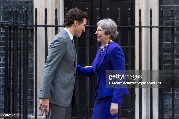 British Prime Minister Theresa May meets with Prime Minister of Canada Justin Trudeau at 10 Downing Street as the UK hosts the Commonwealth Heads of...