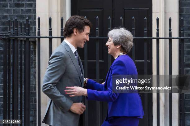 British Prime Minister Theresa May meets with Prime Minister of Canada Justin Trudeau at 10 Downing Street as the UK hosts the Commonwealth Heads of...