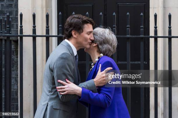 British Prime Minister Theresa May meets with Prime Minister of Canada Justin Trudeau at 10 Downing Street as the UK hosts the Commonwealth Heads of...