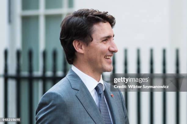 Prime Minister of Canada Justin Trudeau arrives at Downing Street for a meeting with British Prime Minister Theresa May as the UK hosts the...