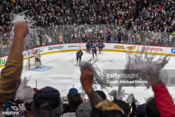 Fans of the Colorado Avalanche cheer against the Nashville Predators in Game Three of the Western Conference First Round during the 2018 NHL Stanley...