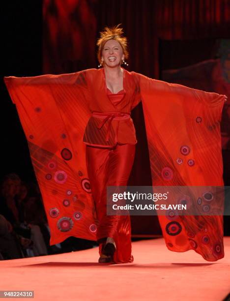 New York, NY - FEB. 3, 2006: Cheryl Bentyne walks the runway at the Heart Truth's Red Dress show during the Fall/Winter 2006 Olympus Fashion Week in...