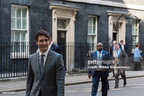 Prime Minister of Canada Justin Trudeau leaves Downing Street after meeting with British Prime Minister Theresa May as the UK hosts the Commonwealth...