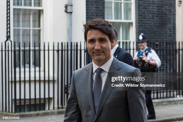 Prime Minister of Canada Justin Trudeau leaves Downing Street after meeting with British Prime Minister Theresa May as the UK hosts the Commonwealth...