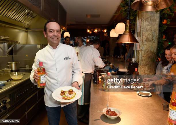 Jose Pizarro attends the launch of new gin Tanqueray Flor de Sevilla in partnership with Jose Pizarro at Pizarro Restaurant on April 18, 2018 in...