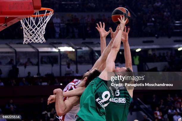 Edgaras Ulanovas, #92 of Zalgiris Kaunas in action during the Turkish Airlines Euroleague Play Offs Game 1 between Olympiacos Piraeus v Zalgiris...