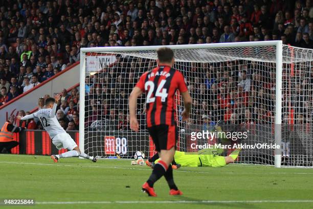Chris Smalling of Manchester United scores the opening goal during the Premier League match between AFC Bournemouth and Manchester United at Vitality...
