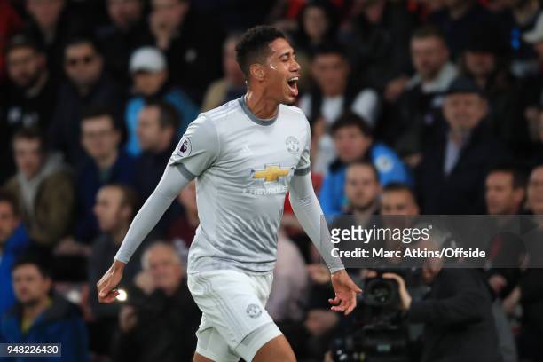 Chris Smalling of Manchester United celebrates scoring the opening goal during the Premier League match between AFC Bournemouth and Manchester United...