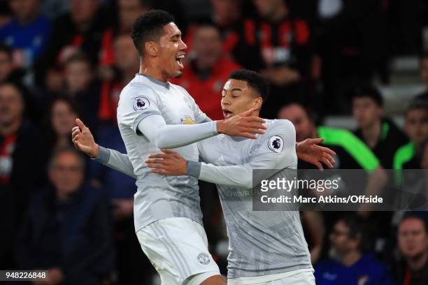 Chris Smalling of Manchester United celebrates scoring the opening goal with Jesse Lingard during the Premier League match between AFC Bournemouth...