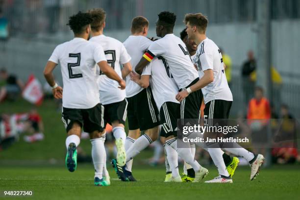 The team of Germany celebrates after scoring a goal during the International friendly match between U18 Austria and U18 Germany on April 18, 2018 in...