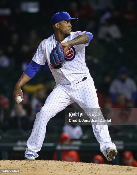 Pedro Strop of the Chicago Cubs pitches against the St. Louis Cardinals at Wrigley Field on April 17, 2018 in Chicago, Illinois. The Cardinals...