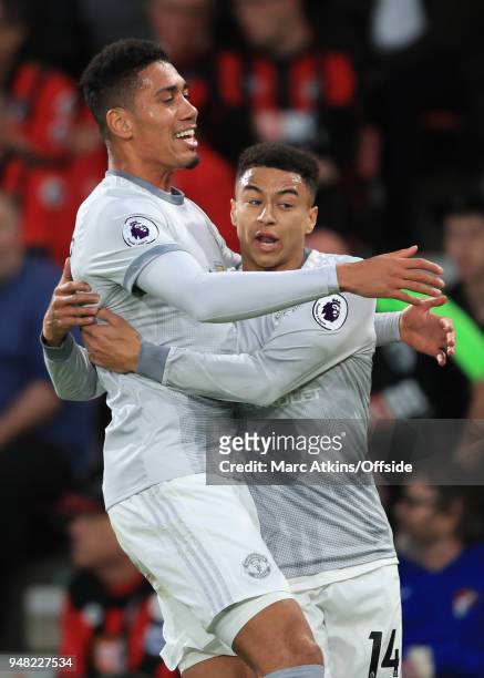 Chris Smalling of Manchester United celebrates scoring the opening goal with Jesse Lingard during the Premier League match between AFC Bournemouth...