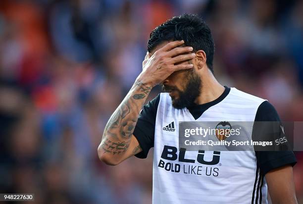 Ezequiel Garay of Valencia reacts during the La Liga match between Valencia and Getafe at Mestalla Stadium on April 18, 2018 in Valencia, Spain.