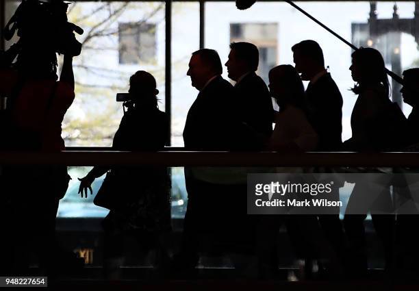 Director Mike Pompeo is trailed by media as he leaves a Senate Intelligence Committee closed door meeting on Capitol Hill April 18, 2018 in...