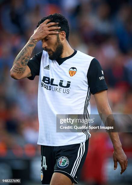 Ezequiel Garay of Valencia reacts during the La Liga match between Valencia and Getafe at Mestalla Stadium on April 18, 2018 in Valencia, Spain.