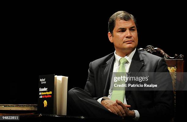 Ecuador's President Rafael Correa speaks during the presentation of his book 'Ecuador: from a Banana Republic to a not Republic' on December 18, 2009...