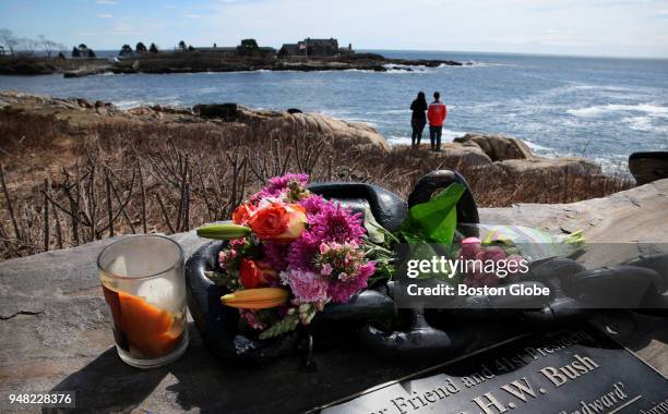 Christine and Rich Benjes take in the view of the Bush family home at Walker's Point in Kennebunkport, ME on April 18, 2018. The couple, from Olathe,...