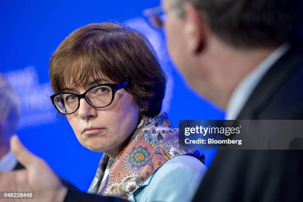Ksenia Yudaeva, first deputy governor of Russia's central bank, listens at a panel discussion during the spring meetings of the International...
