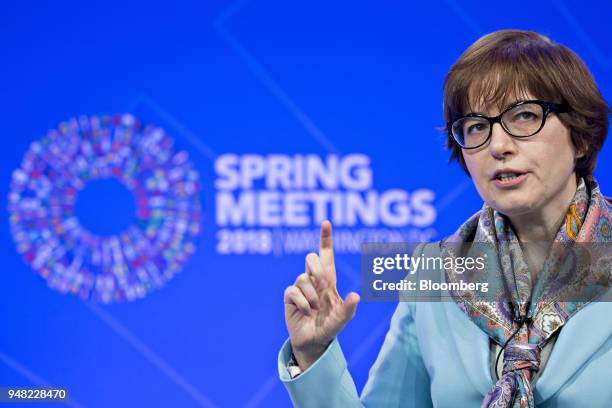 Ksenia Yudaeva, first deputy governor of Russia's central bank, speaks at a panel discussion during the spring meetings of the International Monetary...